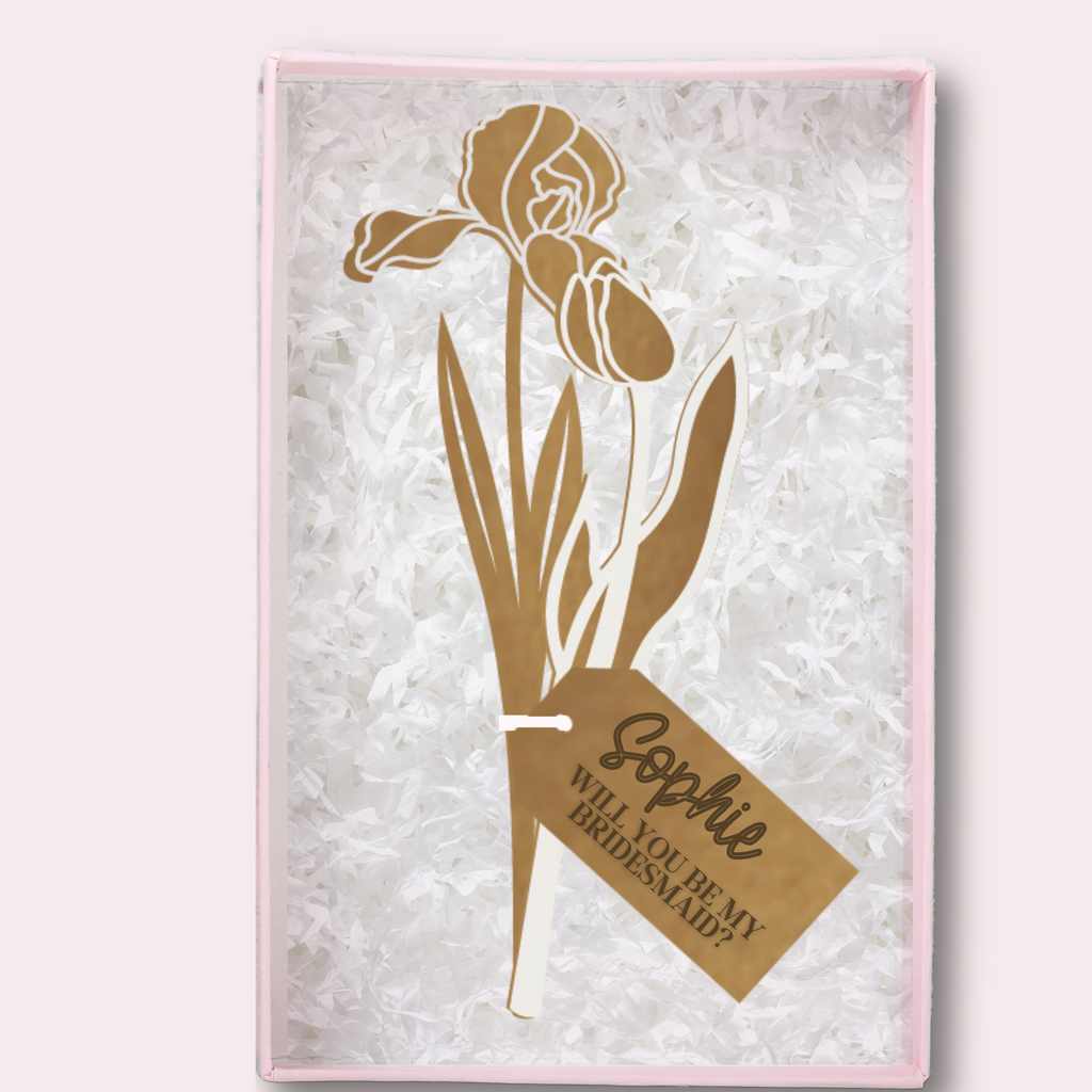 Wood cut flower in gift box with custom tag