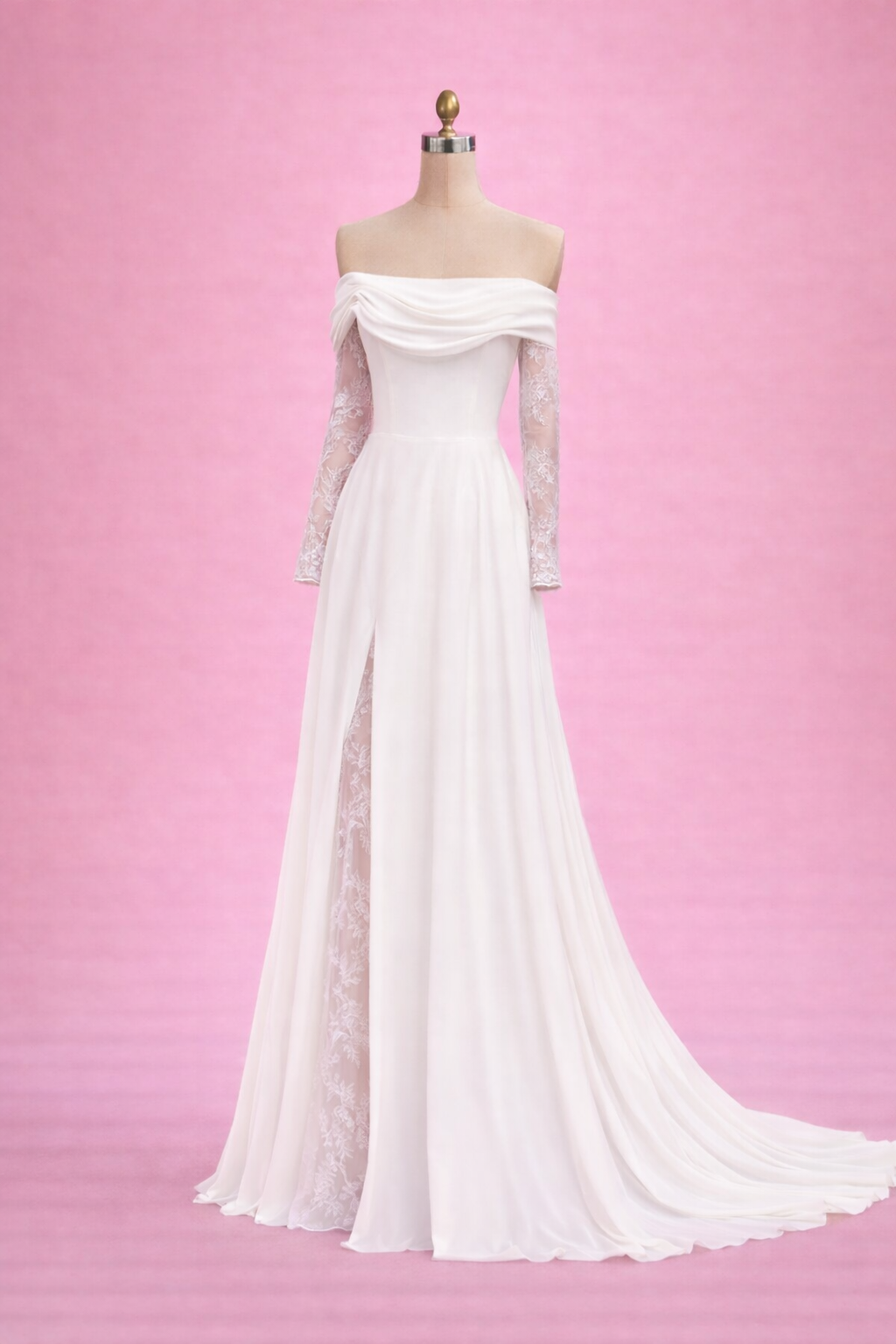 White a-line off the shoulder long sleeve wedding dresss