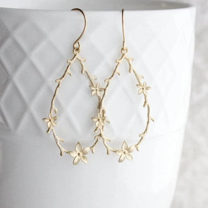 Matte Gold Twig and Flower Hoop Earrings