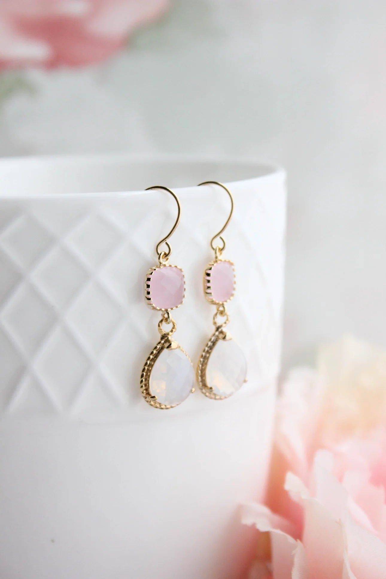 Opal and Pink Glass Dangle Earrings