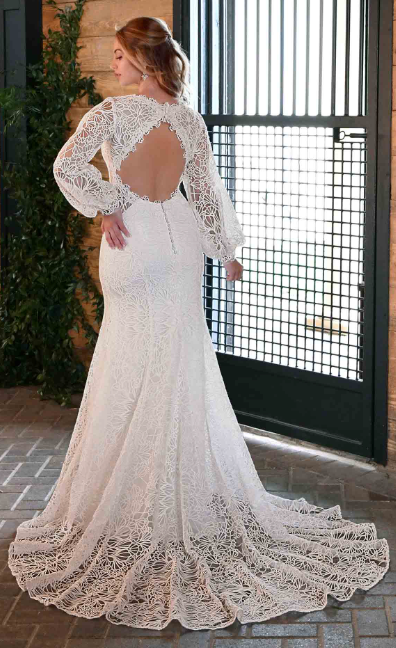 Model wearing D3443 by Essence of Australia - a long sleeve full lace fit and flare wedding dress, full body back view with keyhole back