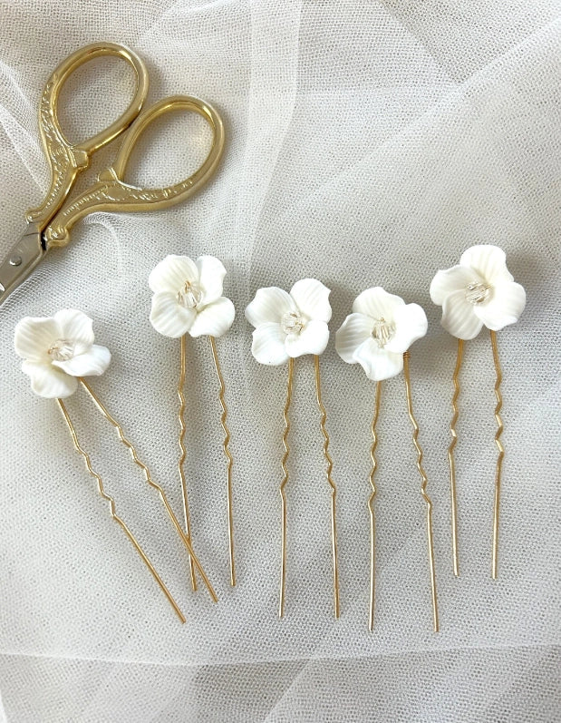 Handmade Porcelain Crystal Flower Pins