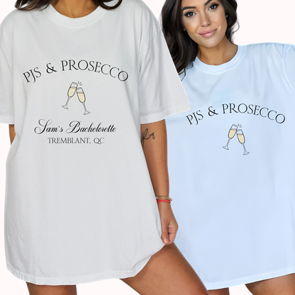 Two nightshirts with 'PJS & Prosecco' text and champagne glass graphics on a white background.