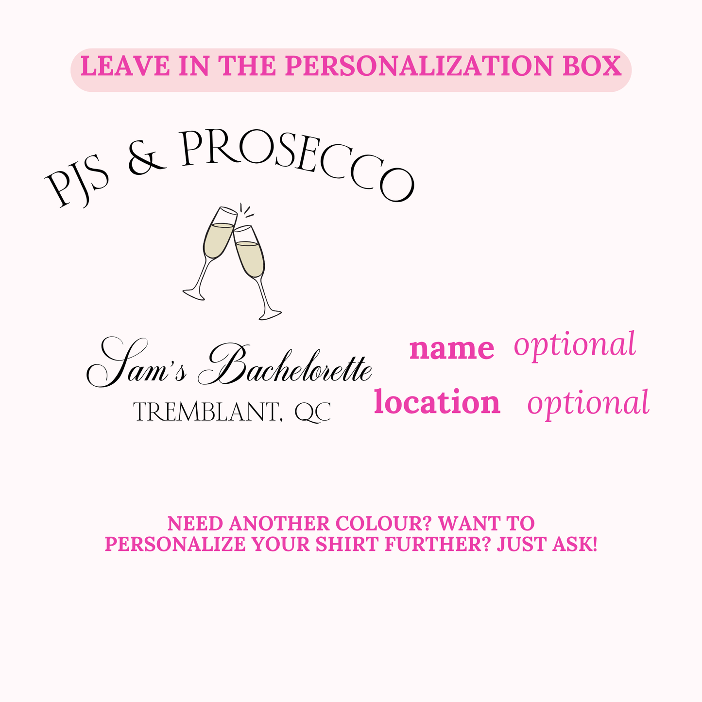 Personalization card for 'PJs & Prosecco' with customizable text on a white background