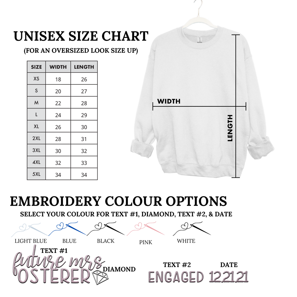 Size chart, and embroidery colour options