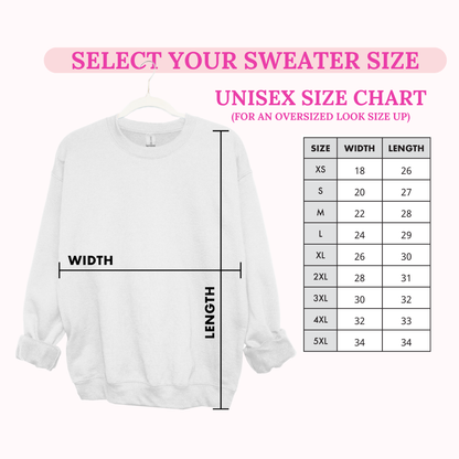 White sweater on a hanger with size chart for selecting sweater size