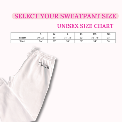 White sweatpants with a size chart for selecting sweatpant size on a white background
