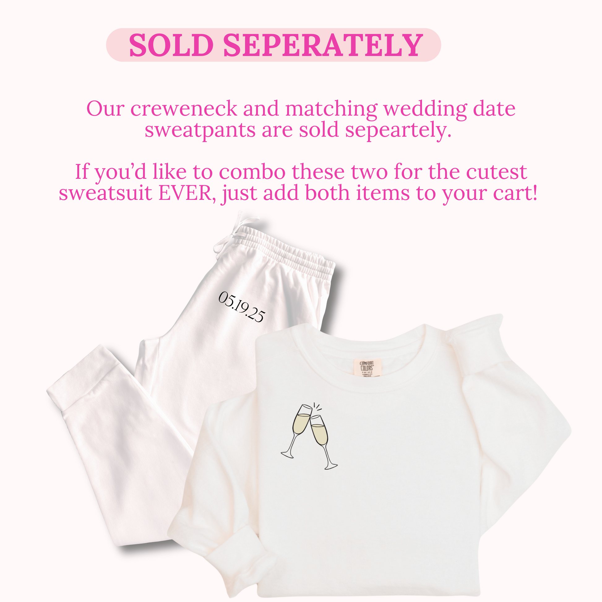 White sweatshirt and pants with champagne glass design and text on a white background