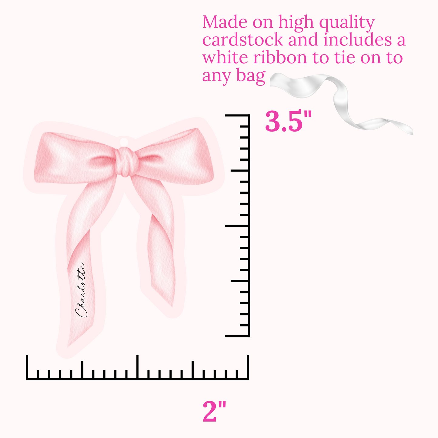 Pink bow with measurement details on a white background