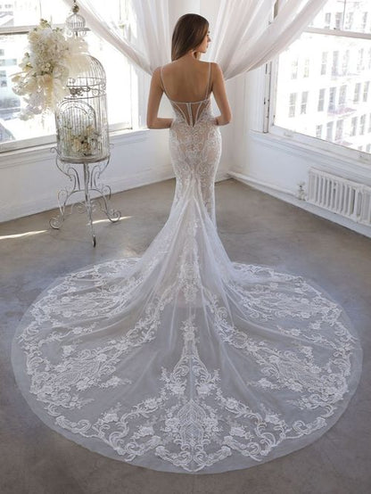 A stunning full lace fit and flare gown with delicate straps, a sweetheart neckline and a jaw dropping train.