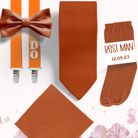 Custom groomsmen set in spice with embroidered suspenders, bowtie, neck tie, handkerchief and customized labelled socks