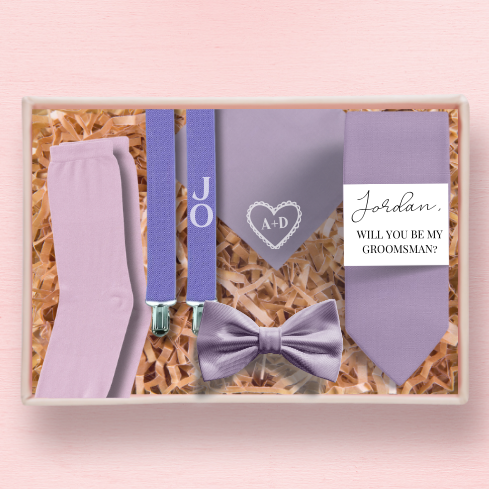 Groomsmen gift box with socks, embroidered suspenders, embroidered handkerchief, bow tie and custom labelled necktie in lilac