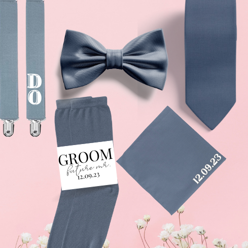Custom groomsmen set with necktie, bowtie, pocket square with personalizations, personalized labelled socks and embroidered suspenders.