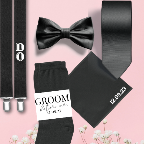 Our complete set of black suspenders, socks, bowtie, necktie and handkerchief