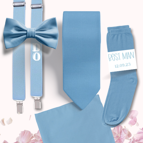 Full groomsmen set in blueberry with suspenders, bow tie, neck tie, socks and pocket square.