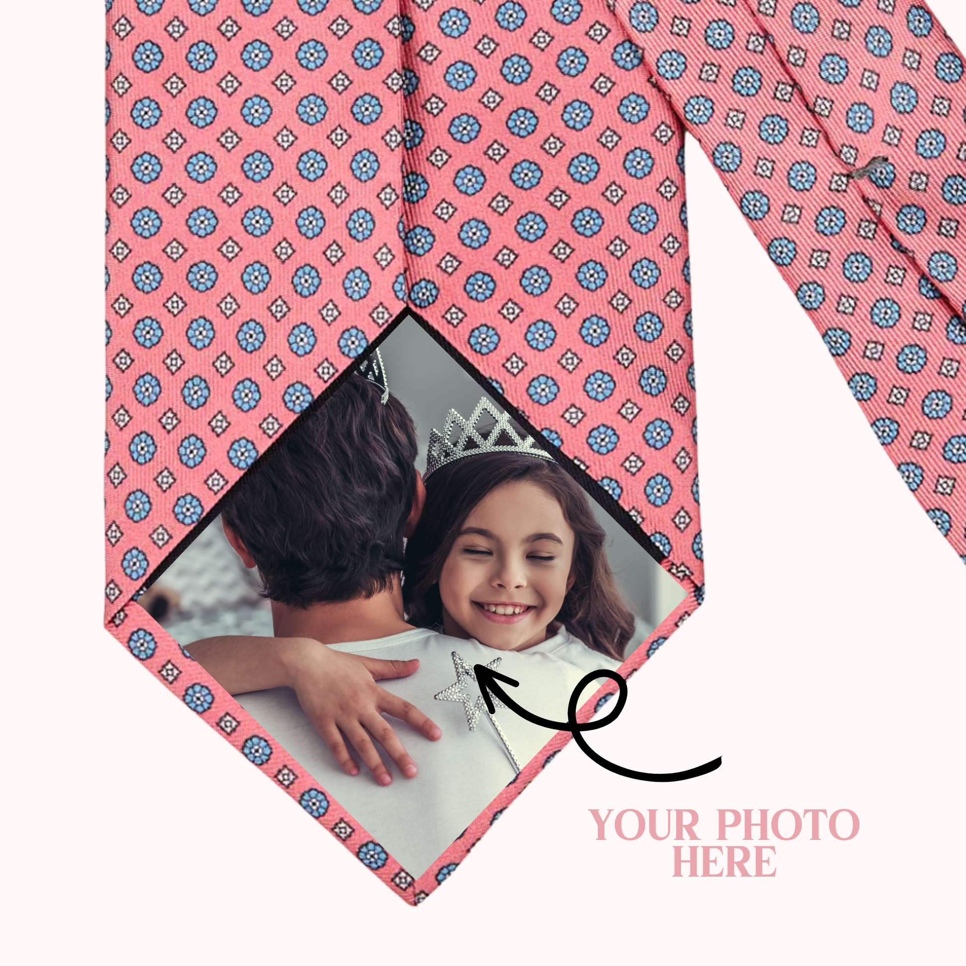 Tie patch on a blue and pink tie fo a young girl holding her father