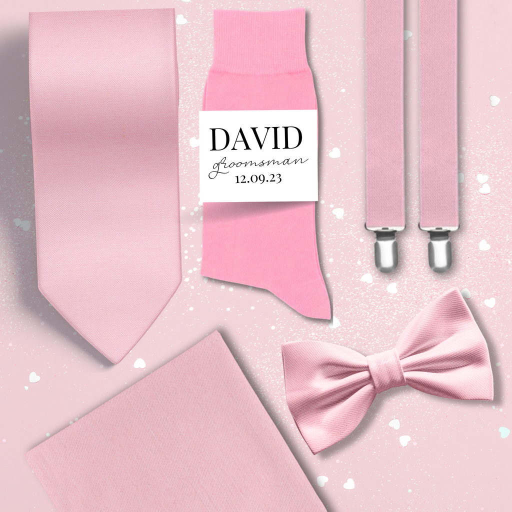 Full light pink groomsmen set with necktie, socks and label, suspenders, bow tie and pocket square,