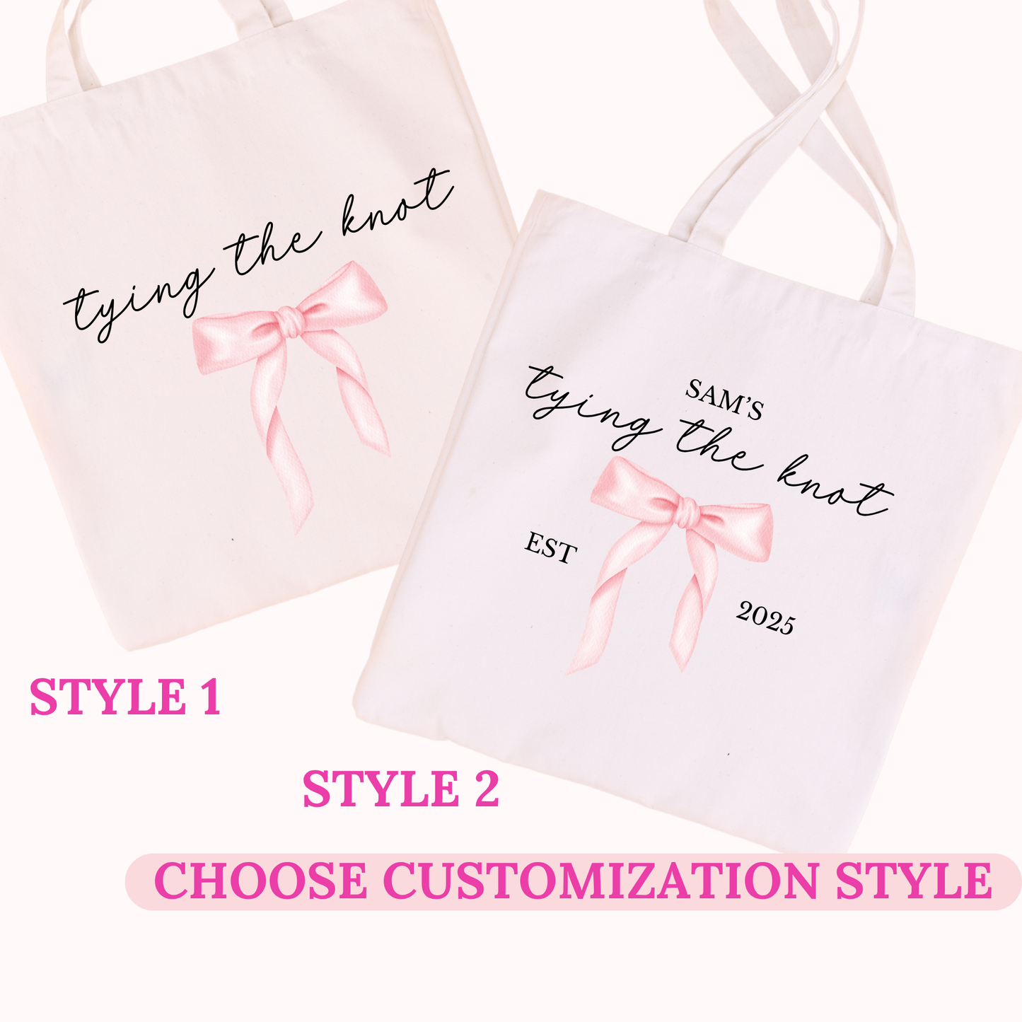 2 white tote bags with pink bows