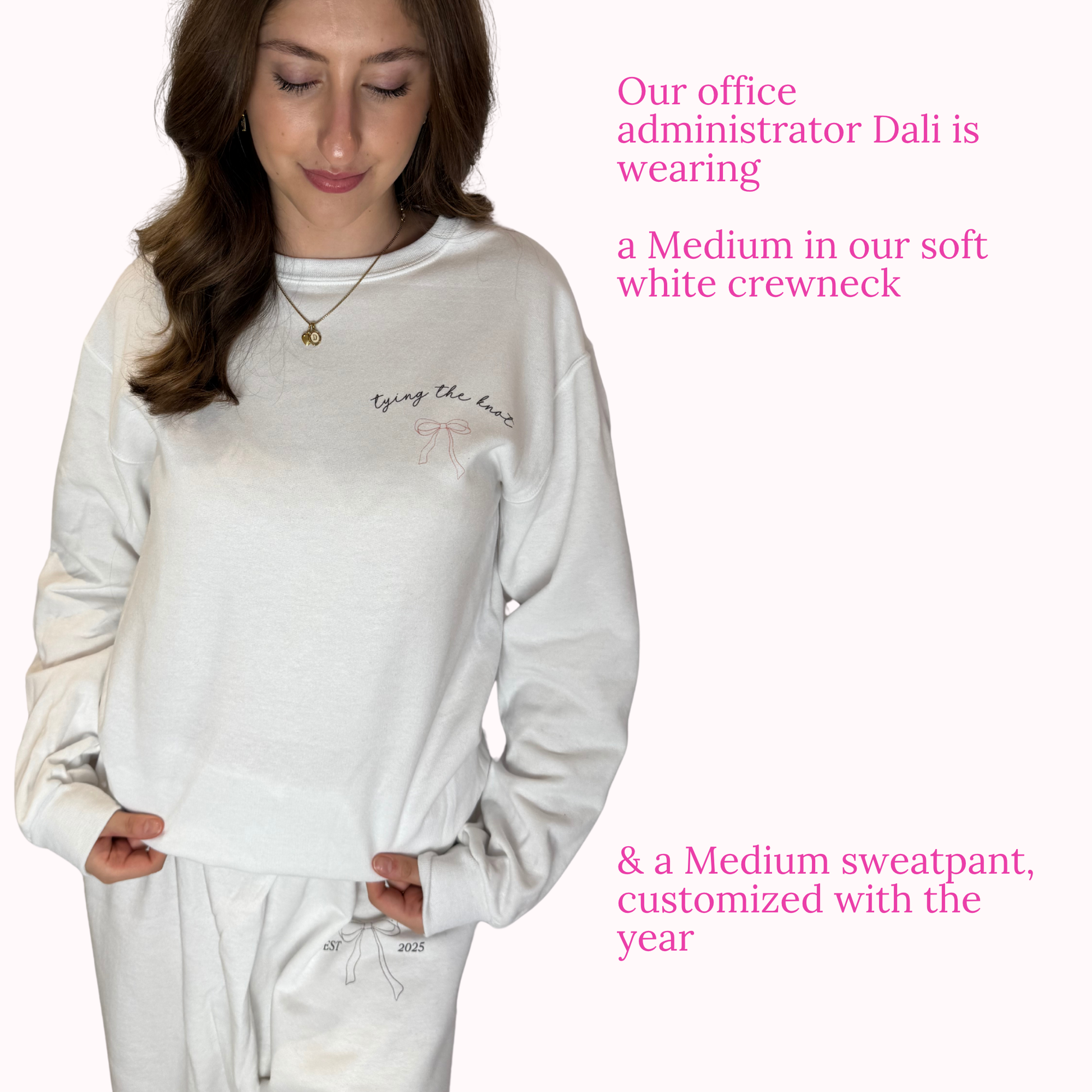 Woman wearing a white sweatshirt and sweatpants with text about office administrator Dali and product details.