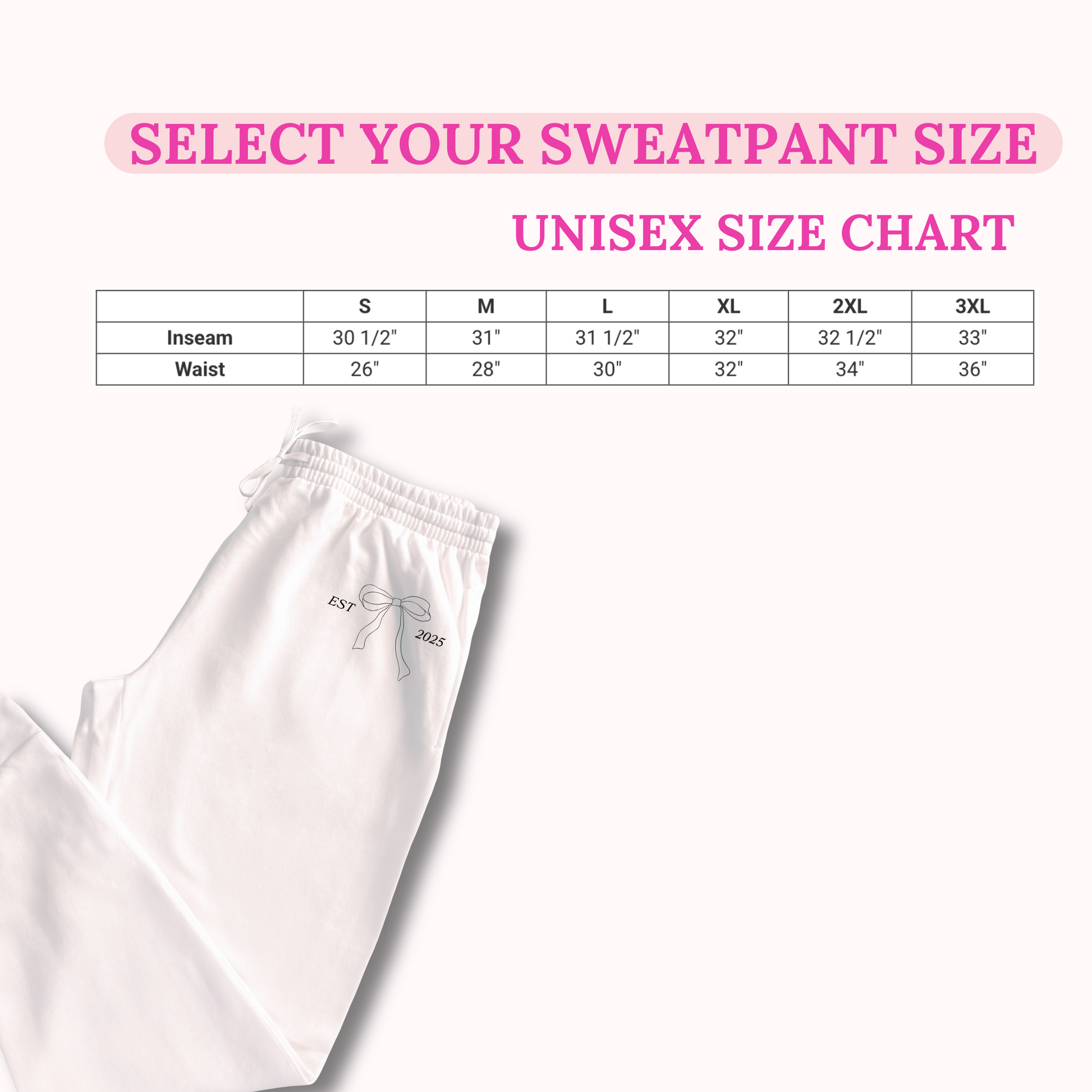 White sweatpants with a size chart for selecting sweatpant size on a white background