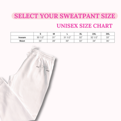 White sweatpants with a size chart for selecting sweatpant size on a white background