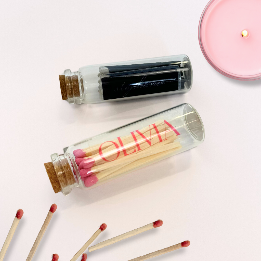 2 custom matchstick bottles - Olivia and Stephanie written