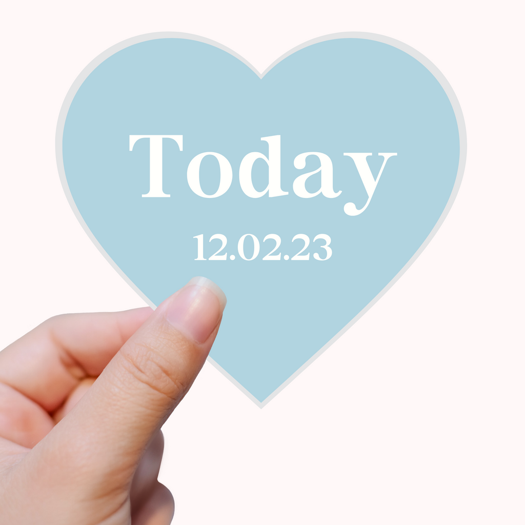 Heart iron on patch in blue with "today 12.02.23" written in white
