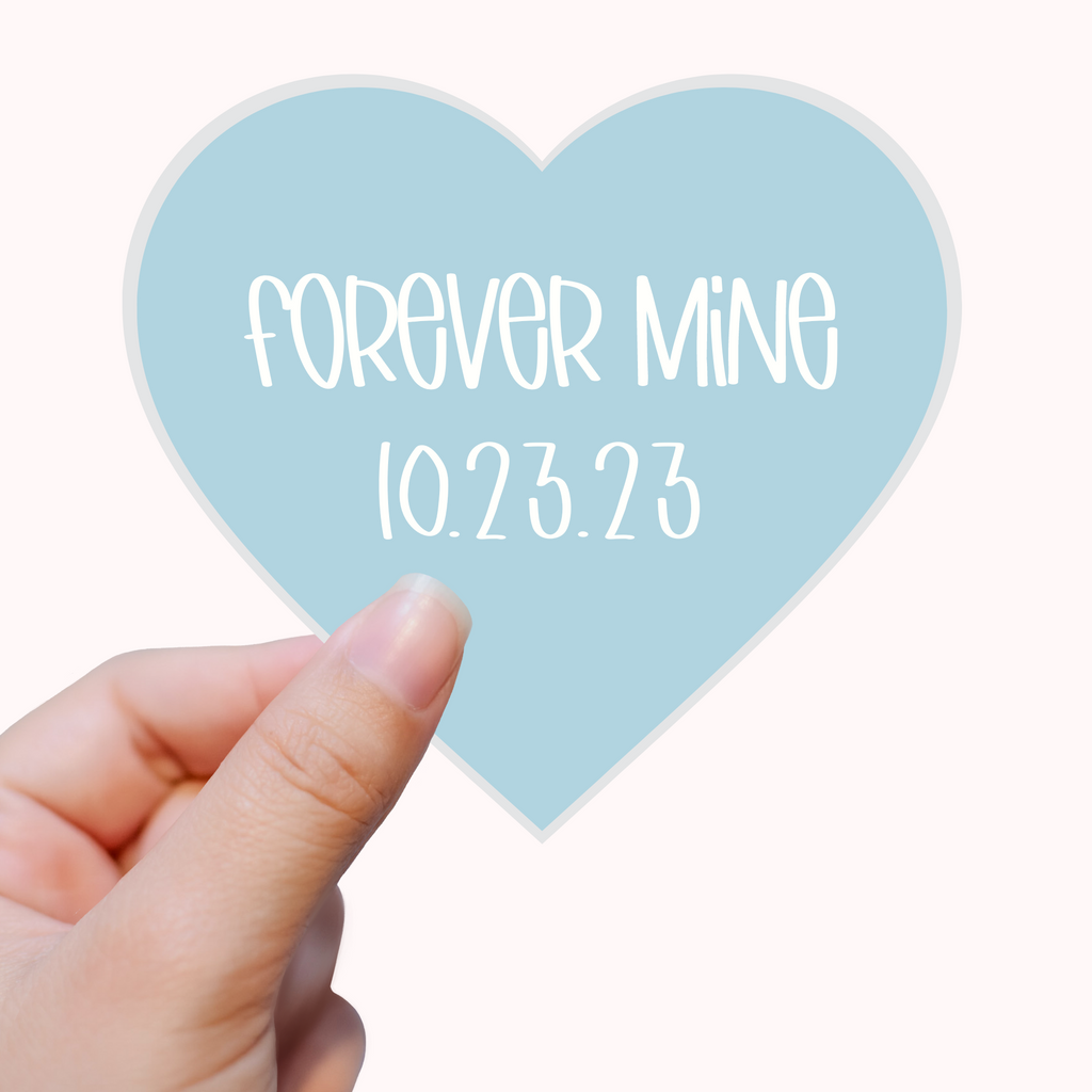Heart iron on patch in blue with "forever mine 10.23.23" written in white