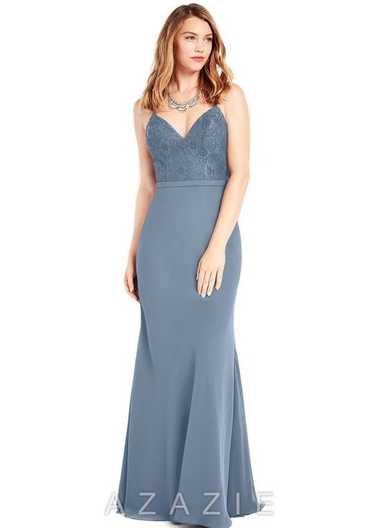Full body front view of Azazie Emserelda in Dusty Blue