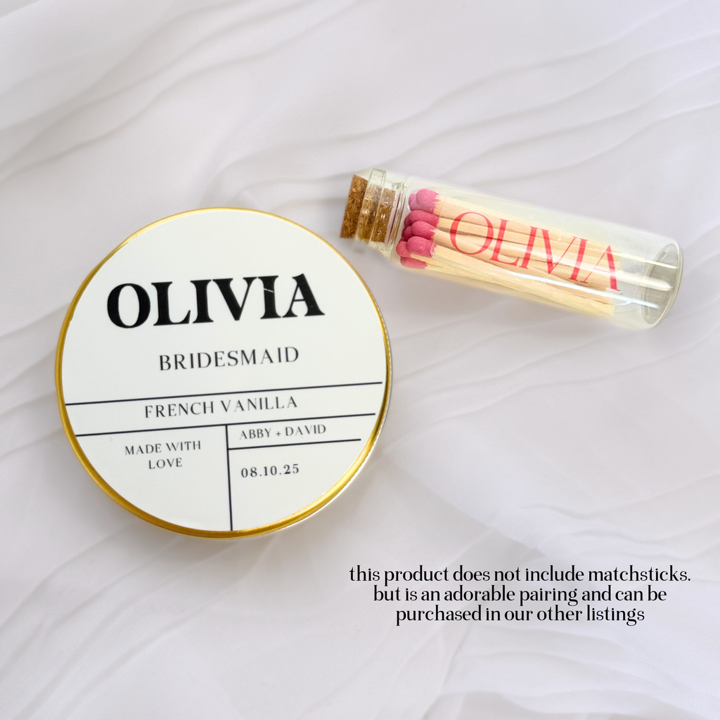 Aa gold tin with "olivia" matching with pink matchsticks