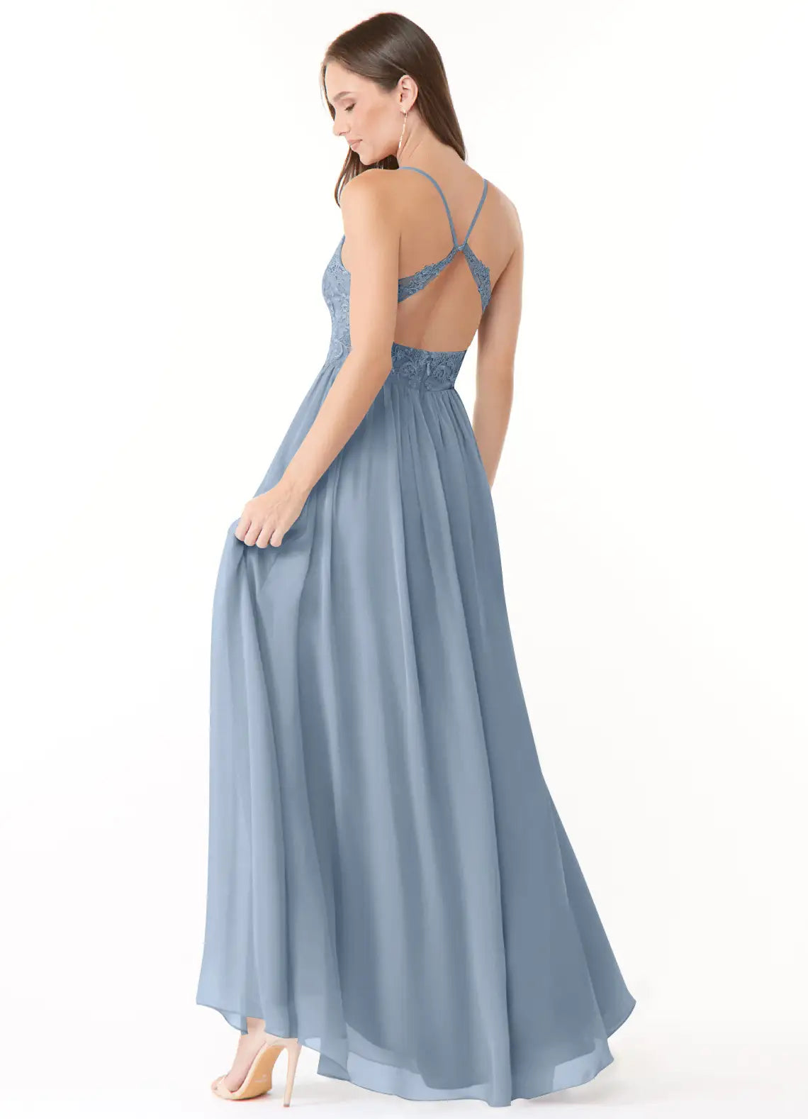Full body back view of Azazie Kelia (Dusty Blue