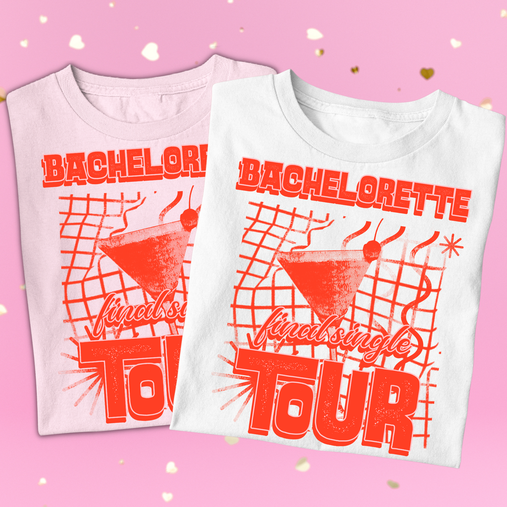 White and pink shirt both with "bachelorette final single tour' printed on