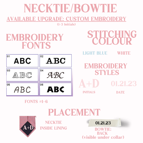 Necktie/bowtie options including embroidery fonts, stitching colours, embroidery styles, and placement options