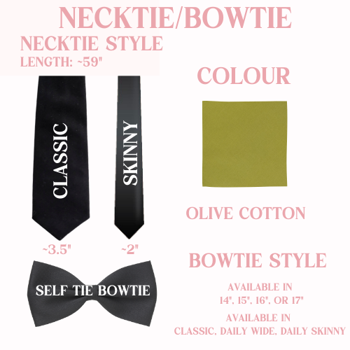Necktie/bowtie options including style, length, and bowtie length and styles.