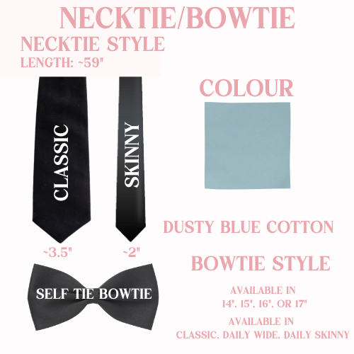 The necktie/bowtie options including length, color, and bowtie style