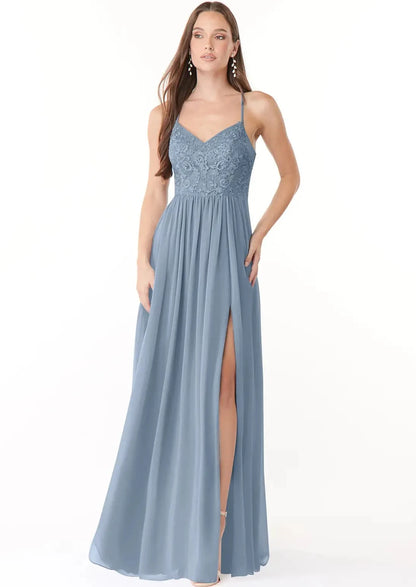 Full body front view of Azazie Kelia (Dusty Blue