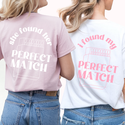 Two people wearing t-shirts with 'Perfect Match' text on the back.