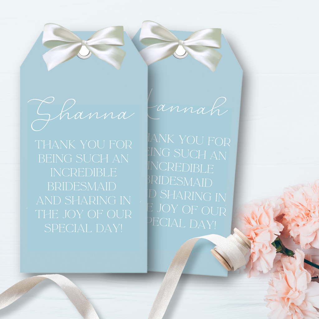 2 blue tags with “Shannon” and “hanna” written and a custom message