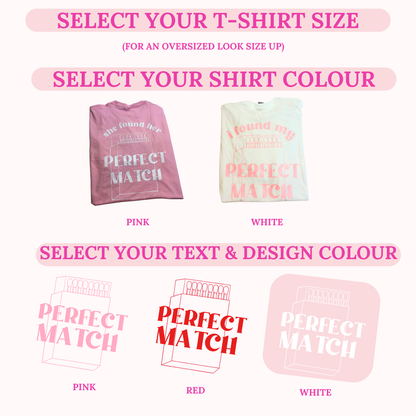 T-shirt customization options with color choices and text design examples on a white background.