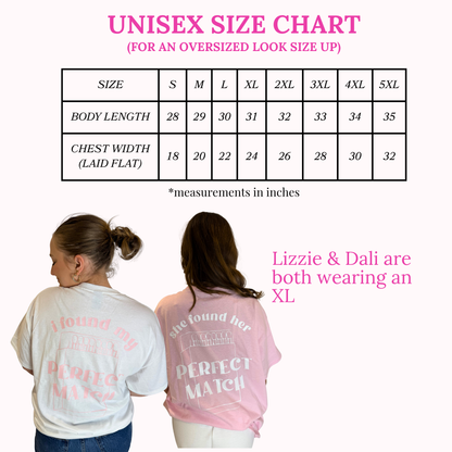 Unisex size chart for oversized clothing with two people wearing shirts and a size chart.