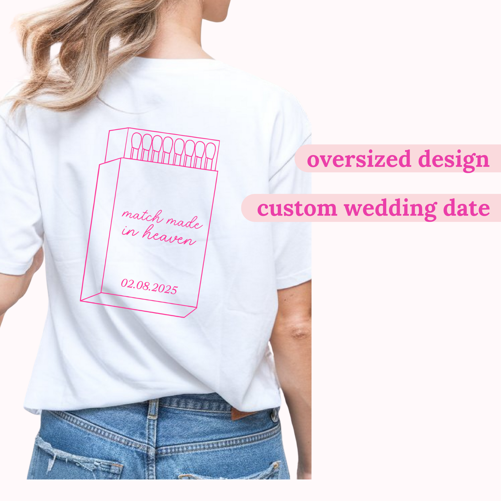 White t-shirt with a custom wedding design and text on the back, worn by a person.
