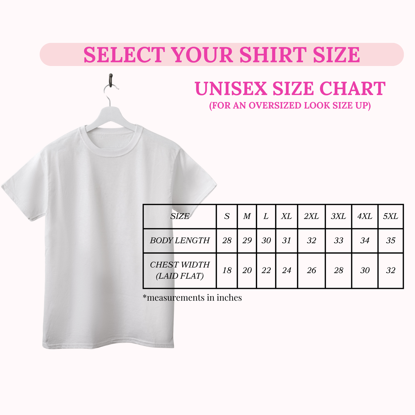 White t-shirt on a hanger with a size chart for selecting shirt size on a white background