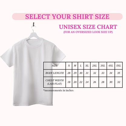 White t-shirt on a hanger with a size chart for selecting shirt size on a white background