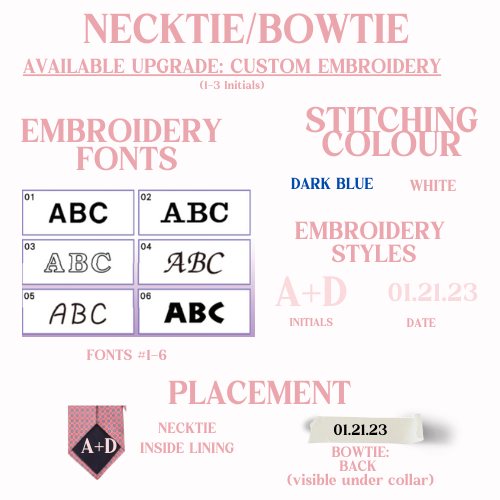 Necktie/bowtie options including embroidery fonts, stitching colours, embroidery styles, and placement options