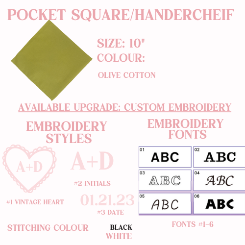Pocket square/handkerchief options including the size, custom embroidery options with style, font and stitching color options