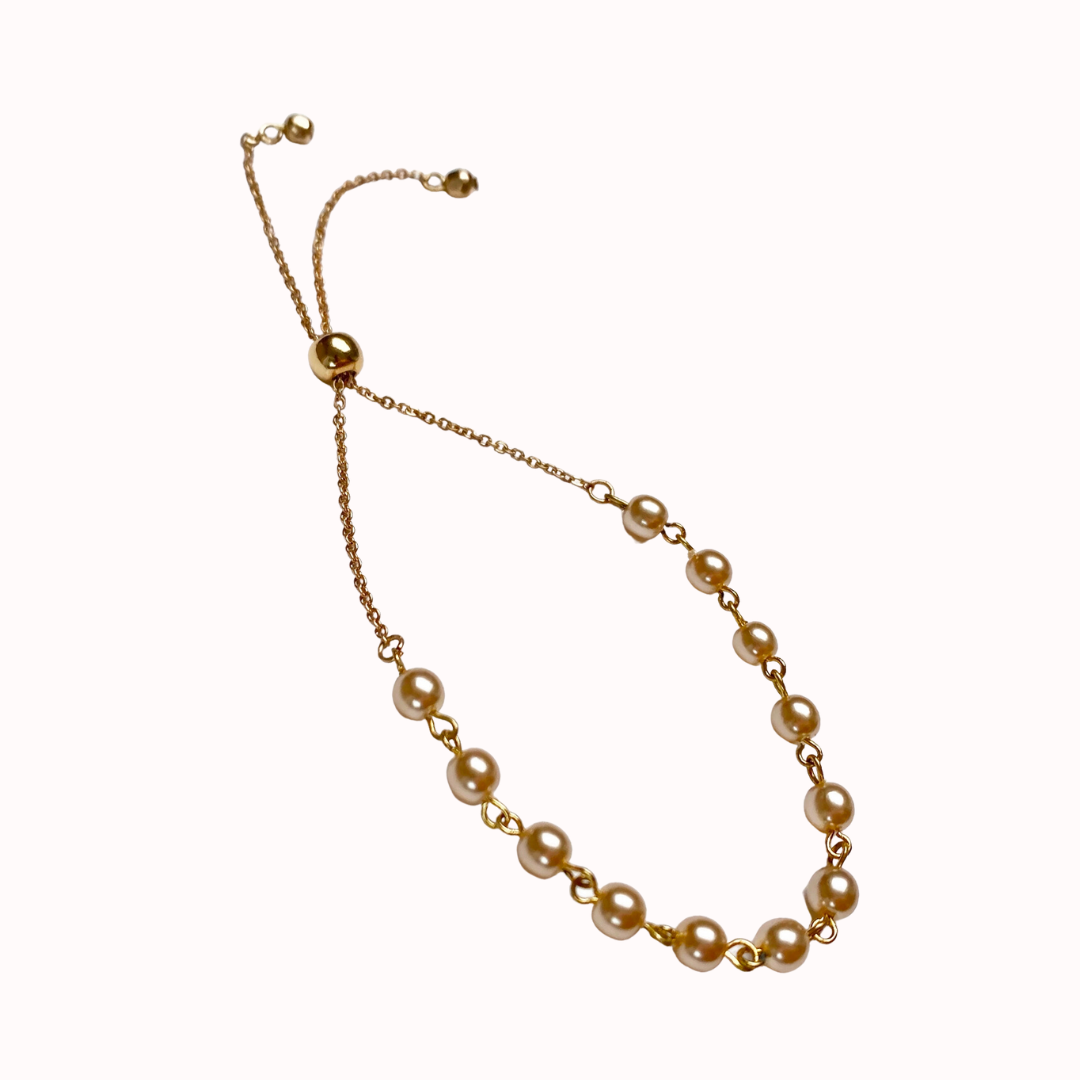 Gold Cream Rose Faux Pearl Link Chain Bracelet