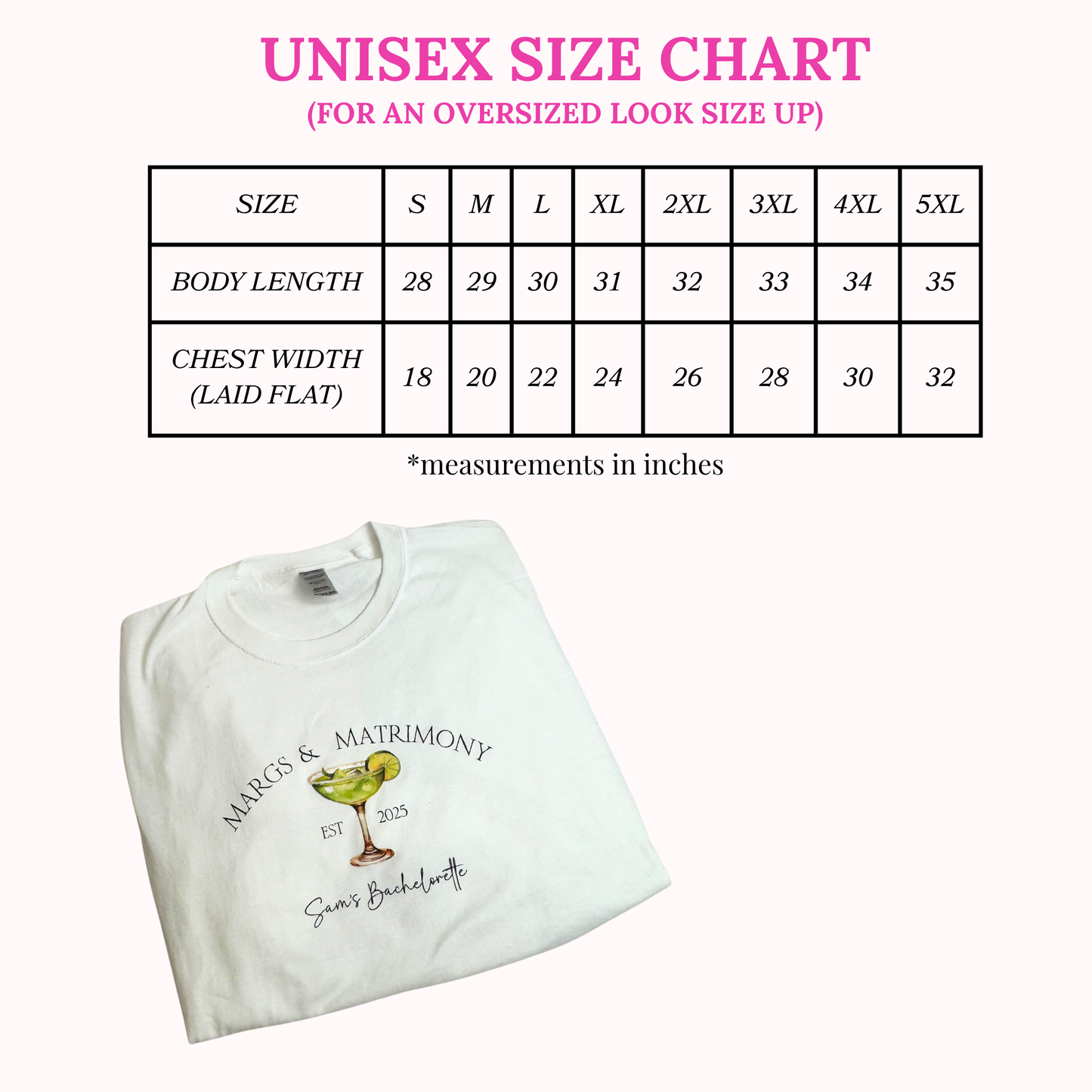 Folded white t-shirt with 'Margs & Matrimony' design and size chart on a white background