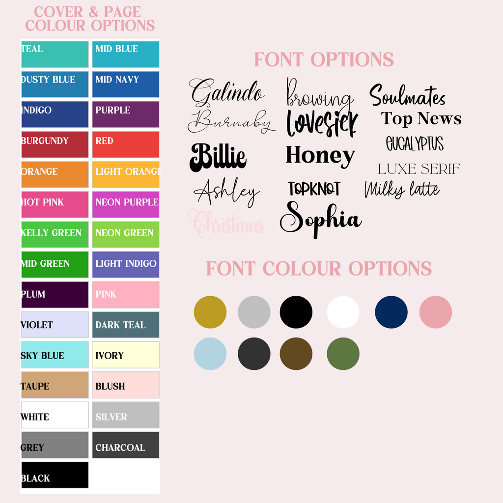 Our cover + page color, font and font color options