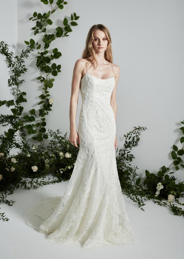 Full body front view of Cayenne by Theia Bridal