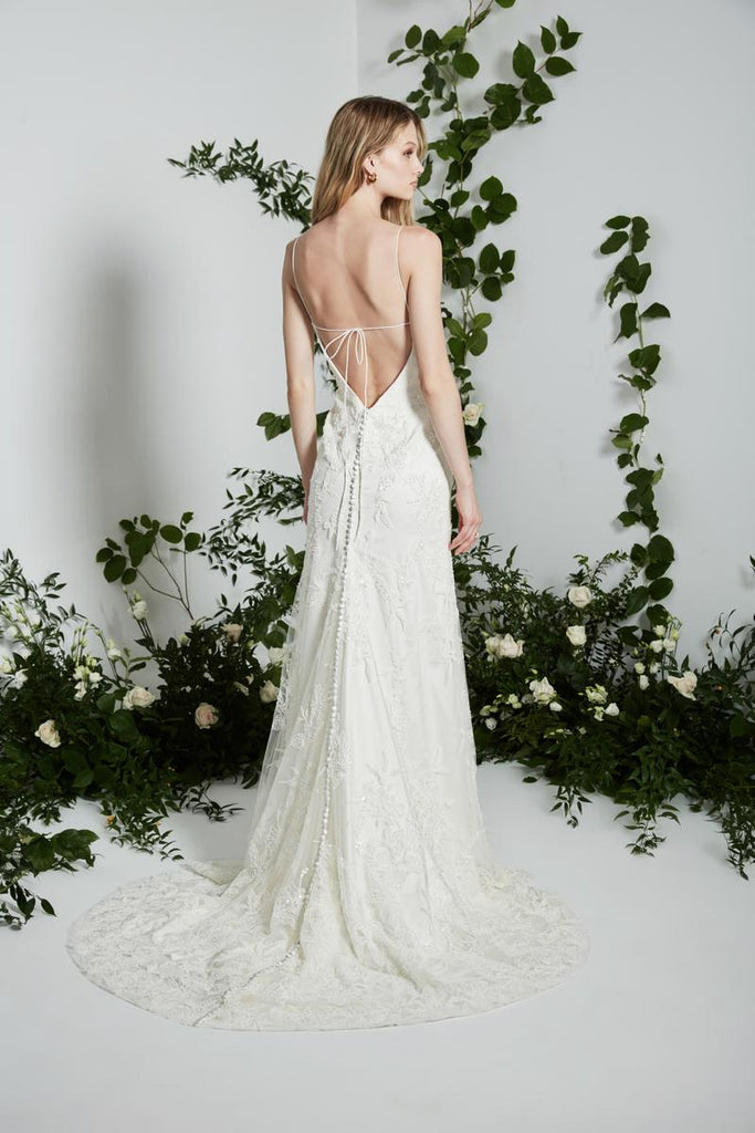 Full body back view of Cayenne by Theia Bridal